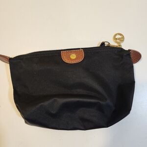 Black Nylon Cosmetic Pouch with Brown Leather Trim